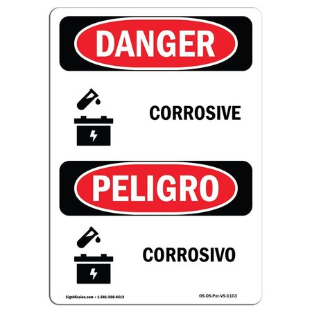 SIGNMISSION Safety Sign, OSHA Danger, 14" Height, Aluminum, Corrosive, Bilingual Spanish OS-DS-A-1014-VS-1103